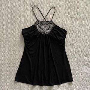 Vintage 2000s black halter cami with rhinestones and beads